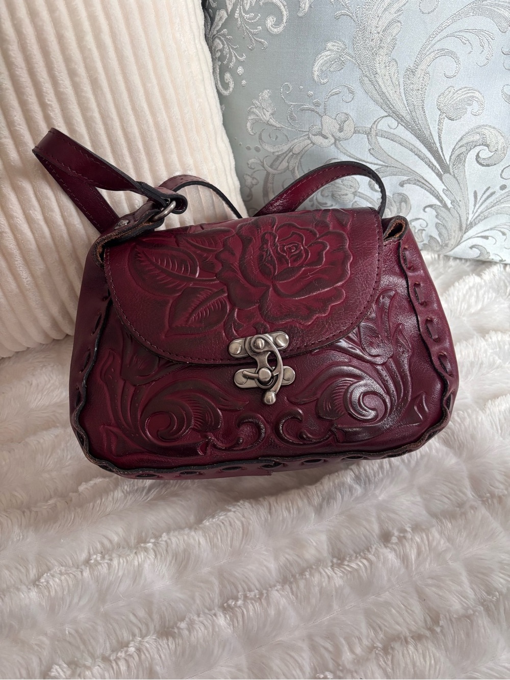 Patricia Nash Genuine Leather Rose Tooled British Tan Lucia Crossbody